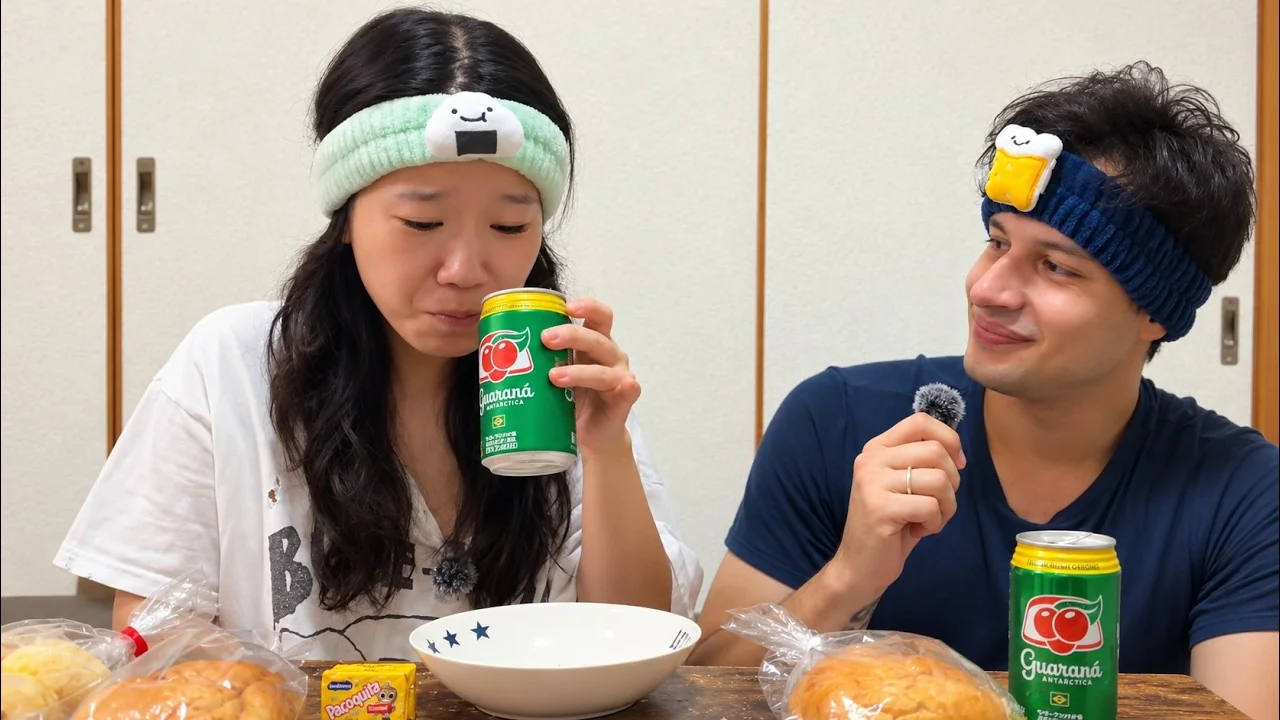 Miniatura original de Bruno e Hiyori experimentando comidas