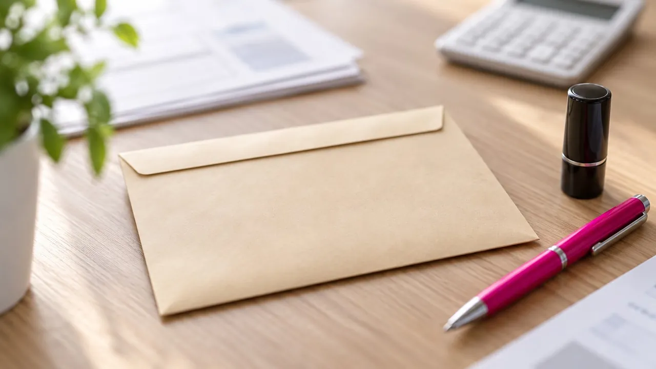Envelope de pagamento sobre a mesa, com calculadora, carimbo hanko e caneta rosa