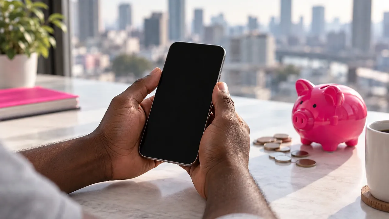 Mãos segurando um celular ao lado de moedas de iene e de um cofrinho rosa