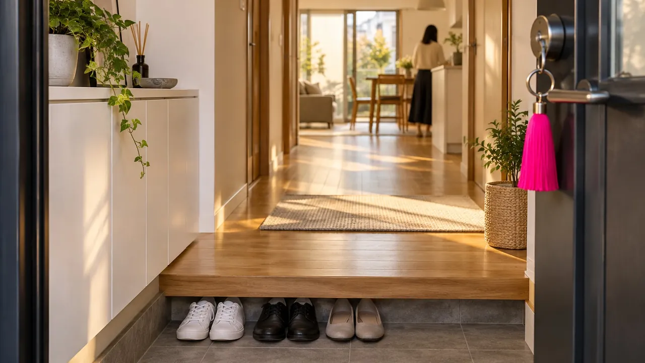 Entrada de um apartamento japonês, com sapatos no degrau e um chaveiro rosa na porta