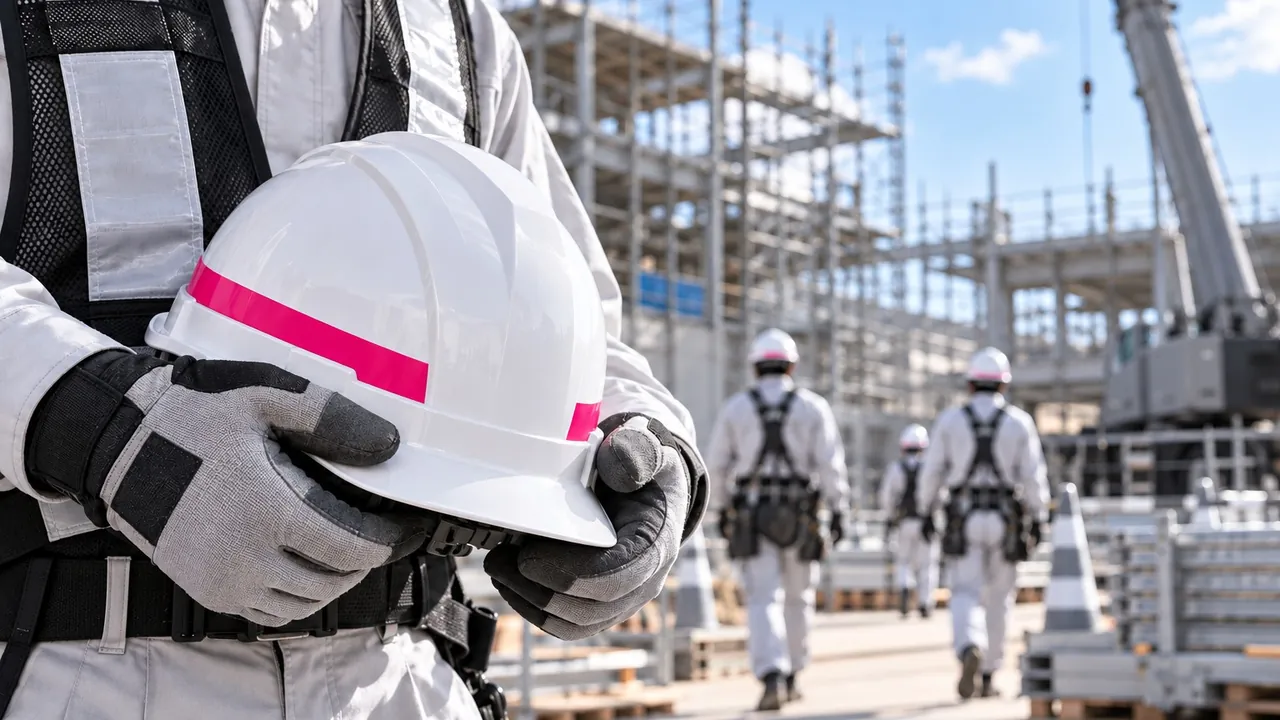 Trabalhador segurando um capacete branco com faixa rosa num canteiro de obras