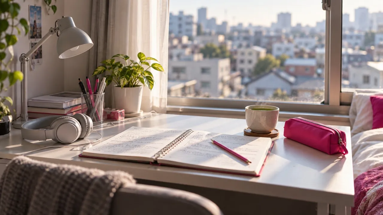Mesa de estudo com caderno, fones e estojo rosa, perto da janela de um apartamento em Tóquio