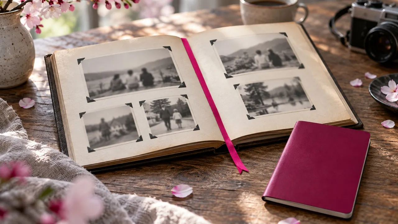 Álbum antigo de fotos de família em preto e branco, ao lado de um passaporte e de flores de cerejeira